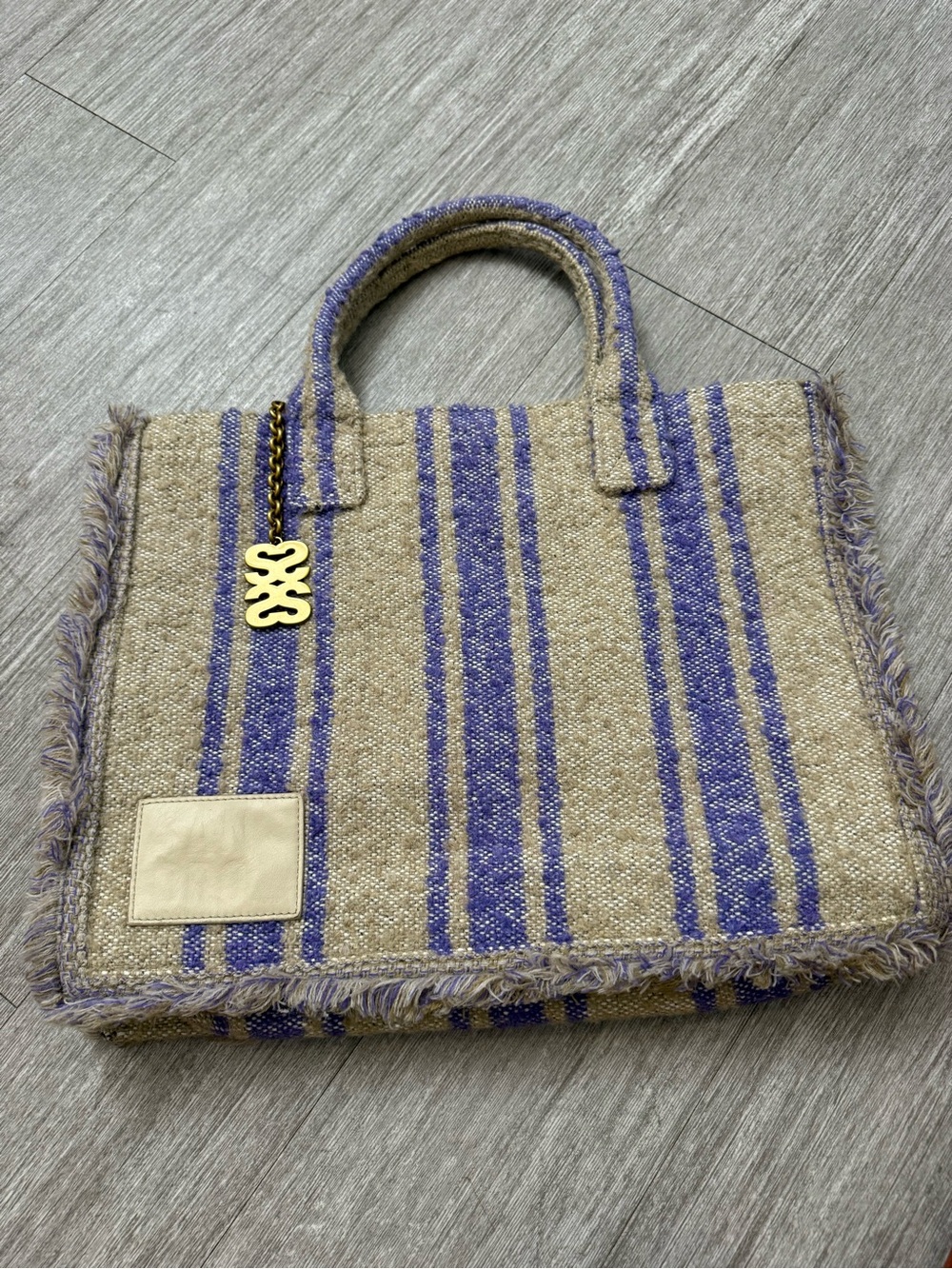 Sandro Striped Woven Fringe Tote Bag Purple Beige Leather Trim